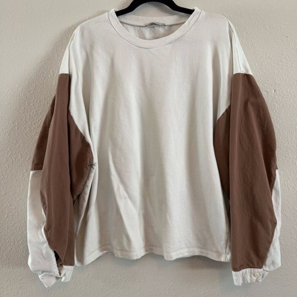 Zara Womens Large Color Block Sweater Dolman Sleeve White Brown Neutral